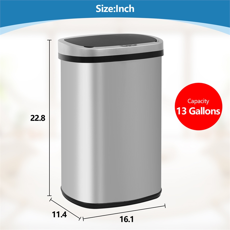 Pemberly Row Modern Stainless Steel Kitchen Trash Can in Silver