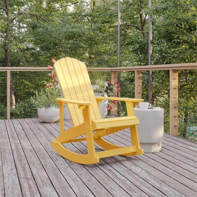 Pemberly Row Modern Plastic Adirondack Rocking Chair in Yellow
