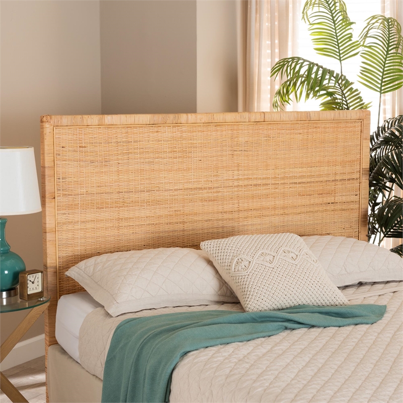 Pemberly Row Modern Rattan & Wood King Size Headboard in Brown