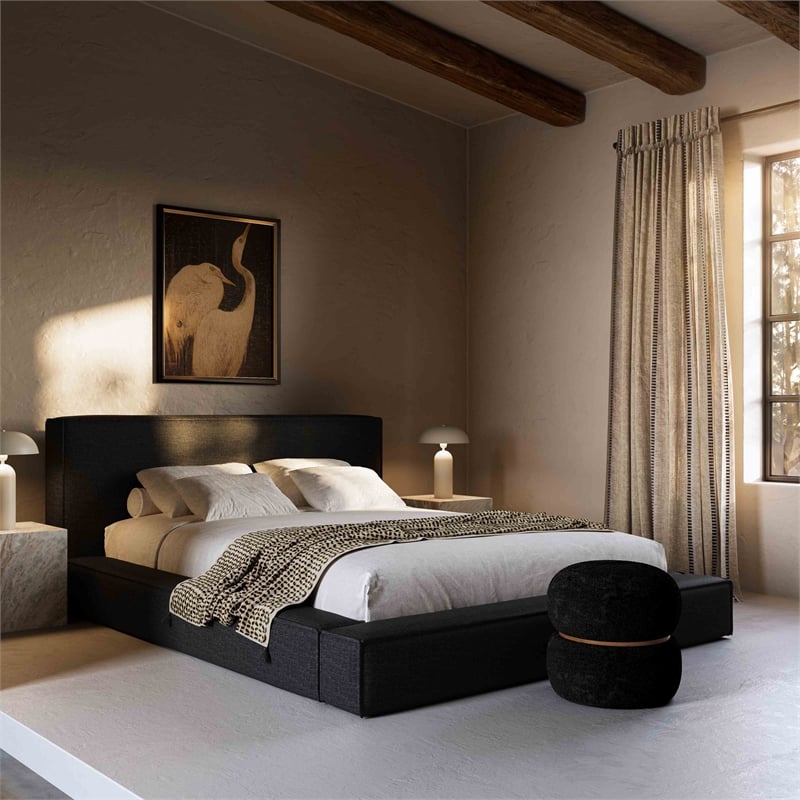 Pemberly Row Contemporary Linen Fabric King Size Bed in Black