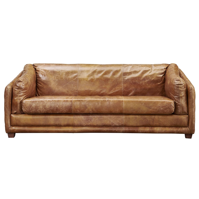 Pemberly Row Contemporary Italian Leather Sofa in Light Brown
