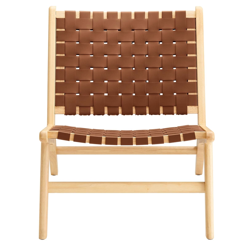 Pemberly Row Woven Leather & Wood Accent Lounge Chair in Brown/Natural