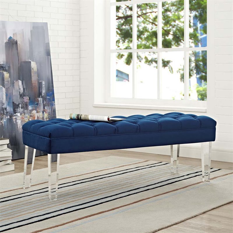 Pemberly Row Modern Style Performance Velvet and Acrylic Bench in Navy