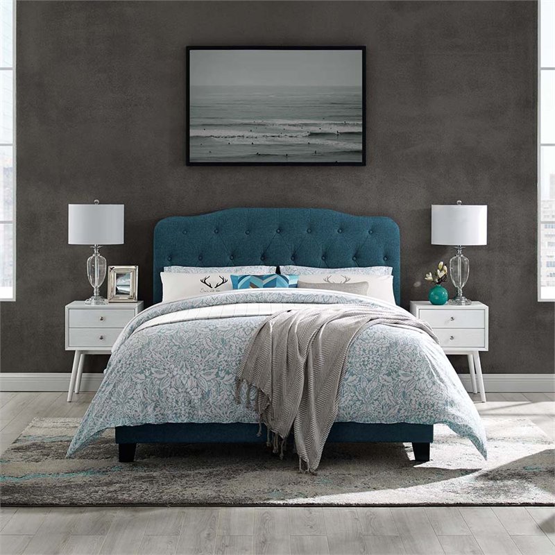 Pemberly Row Queen Upholstered Polyester Fabric Bed in Azure Blue Finish