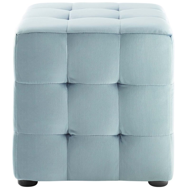Pemberly Row Tufted Cube Performance Velvet Ottoman in Light Blue