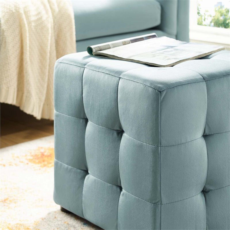 Pemberly Row Tufted Cube Performance Velvet Ottoman in Light Blue
