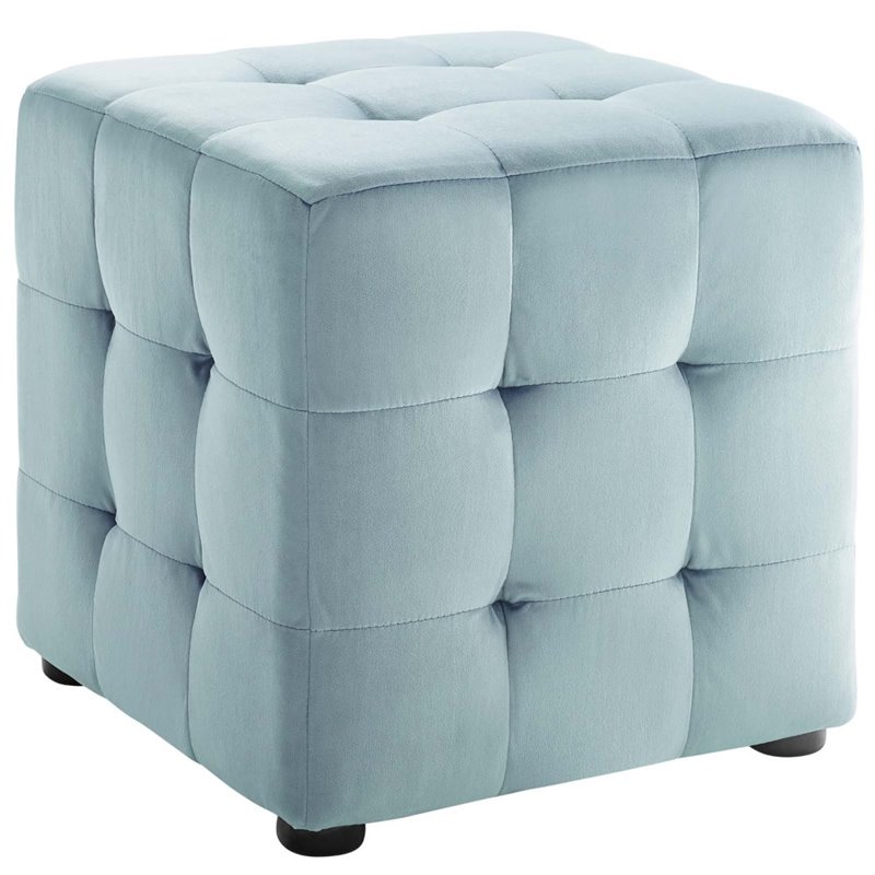Pemberly Row Tufted Cube Performance Velvet Ottoman in Light Blue