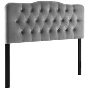 Pemberly Row Queen Diamond Tufted Performance Velvet Headboard in Gray