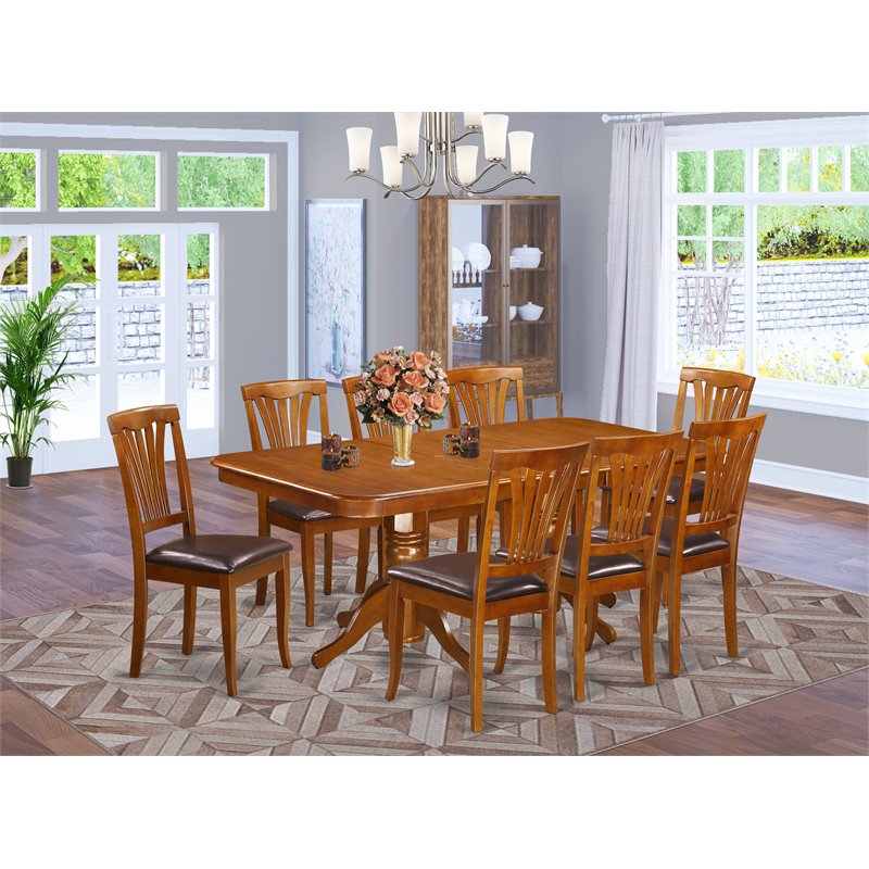 Pemberly Row 9-piece Dining Set w/ Leather Seat in Saddle Brown