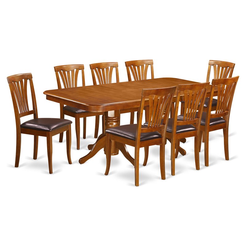 Pemberly Row 9-piece Dining Set w/ Leather Seat in Saddle Brown