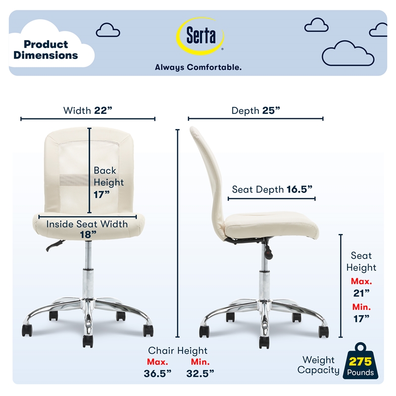Pemberly Row Armless Desk Chair with Breathable Lightweight Mesh Back Cream