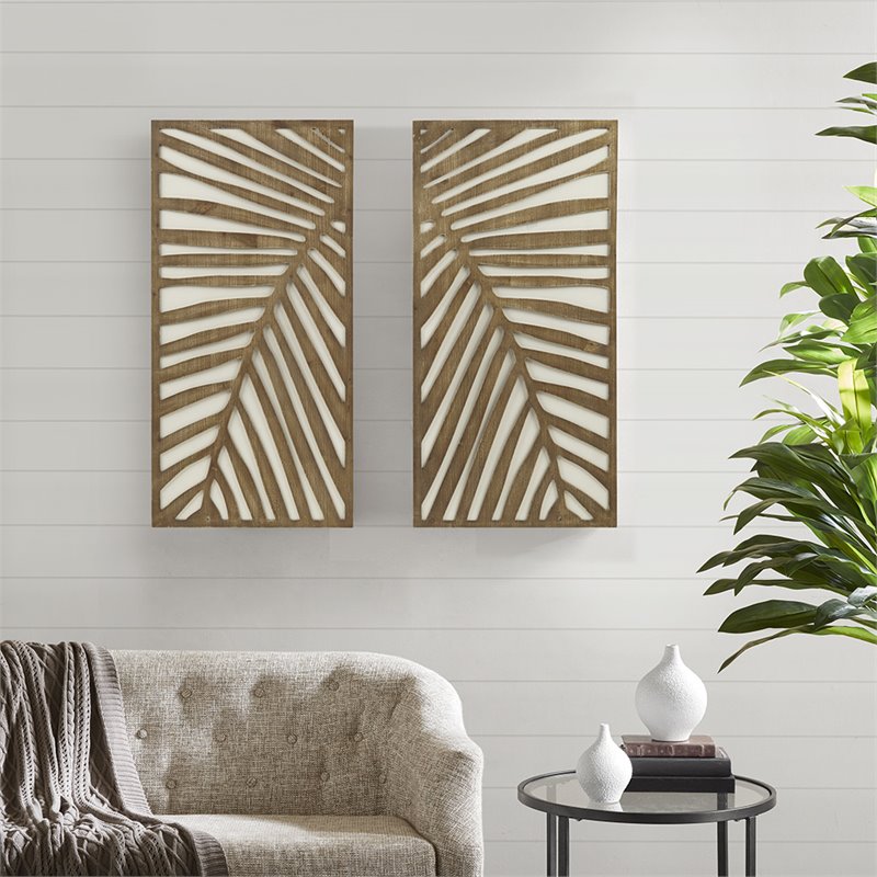 Pemberly Row Modern MDF Birch Palms Carved Wall Panel in Brown (Set of 2)