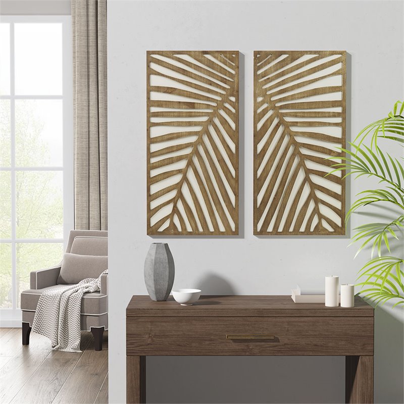 Pemberly Row Modern MDF Birch Palms Carved Wall Panel in Brown (Set of 2)