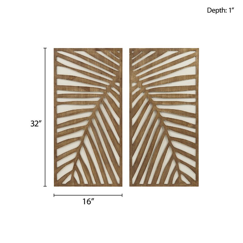 Pemberly Row Modern MDF Birch Palms Carved Wall Panel in Brown (Set of 2)