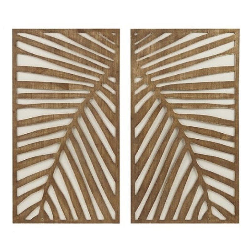 Pemberly Row Modern MDF Birch Palms Carved Wall Panel in Brown (Set of 2)