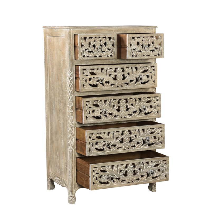 Pemberly Row 6-drawer Floral Carved Solid Wood Chest in Gray