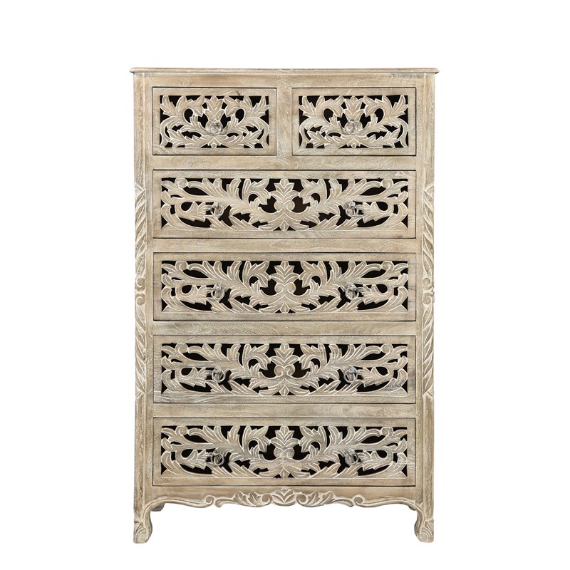 Pemberly Row 6-drawer Floral Carved Solid Wood Chest in Gray
