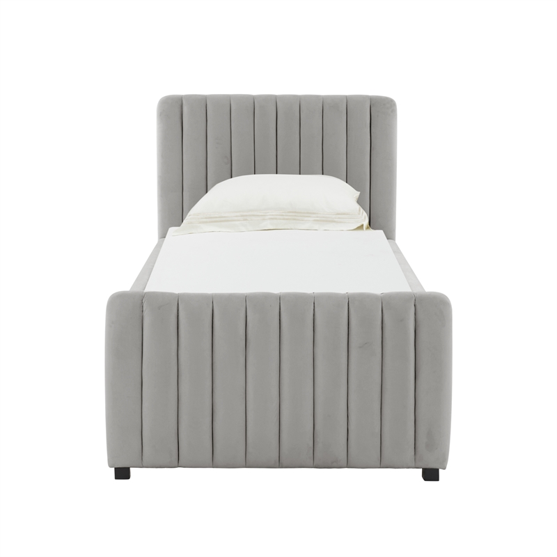 Pemberly Row Contemporary Gray Velvet Trundle Bed in Twin Size