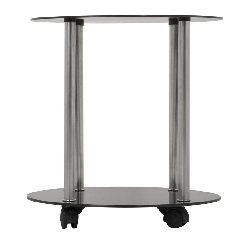 Pemberly Row Steel and Glass Two Tier Round Wheeled End Table in Black/Chrome