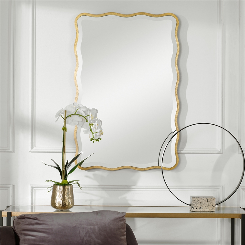 Pemberly Row Transitional Style Wood Scalloped Mirror in Gold