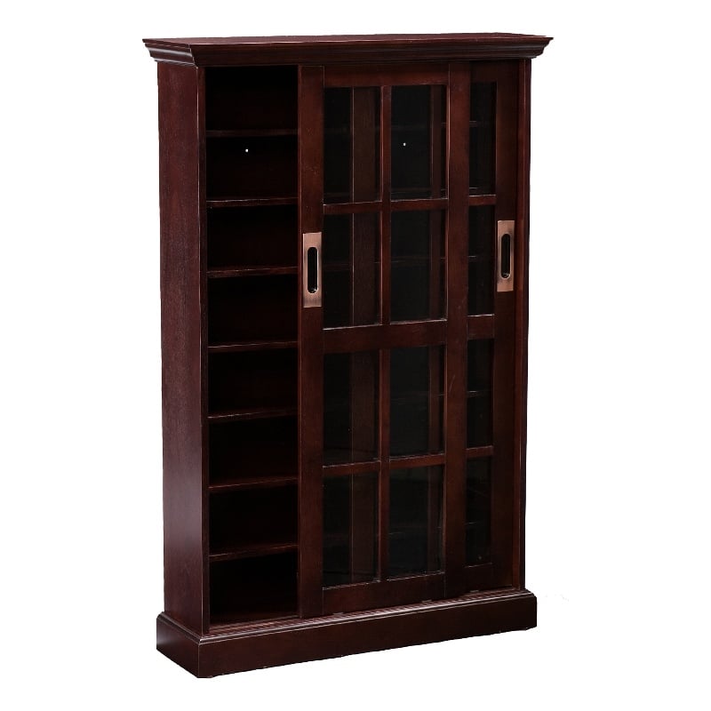 Pemberly Row Sliding-Door Wood Glass Window-Pane Media Cabinet in Brown