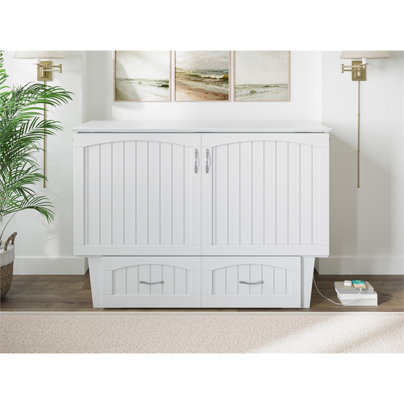 Pemberly Row Full Size Murphy Bed Chest with Mattress & Built-in Charger - White