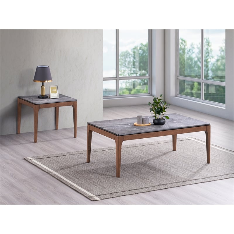Pemberly Row Scandinavian Wood Coffee Table in Engineered Stone and Walnut