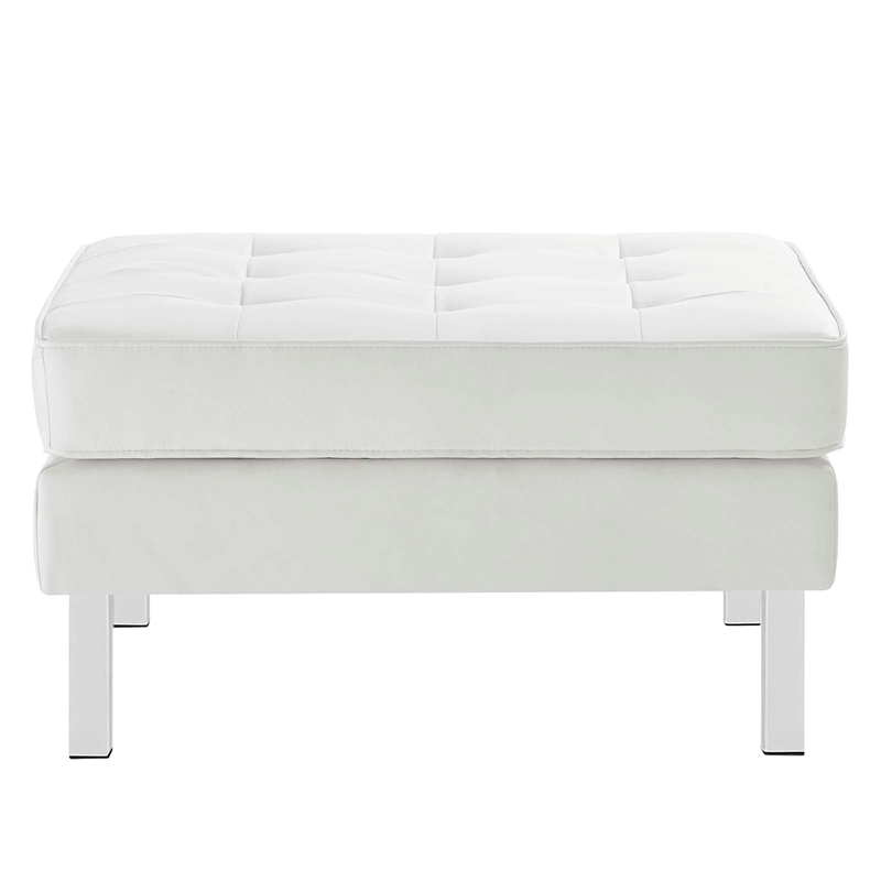 Pemberly Row Tufted Upholstered Faux Leather Ottoman in Silver and White