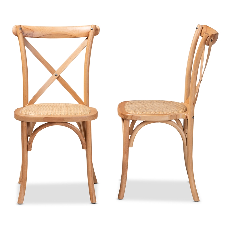 Pemberly Row Brown Woven Rattan and Wood 2-Piece Dining Chair Set