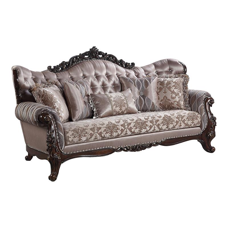 Pemberly Row Modern Sofa with 5 Pillows in Taupe and Antique Oak