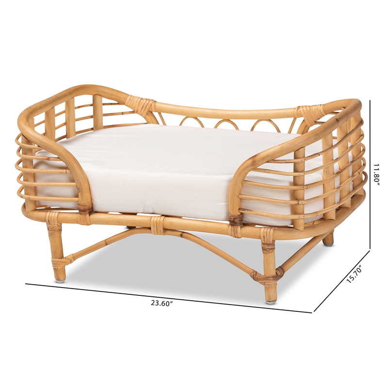 Pemberly Row Modern Bohemian Natural Brown Rattan Pet Bed with Cushion