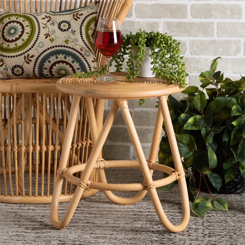 Pemberly Row Contemporary Bohemian Natural Brown Rattan End Table