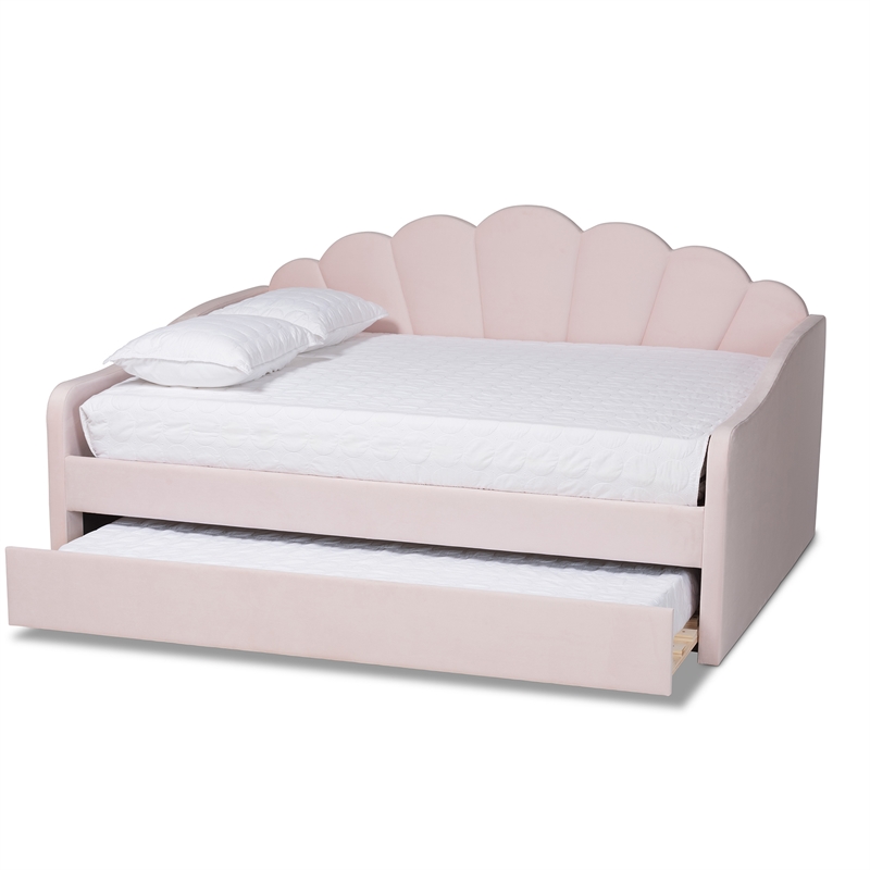 Pemberly Row Light Pink Velvet Fabric Queen Size Daybed with Trundle