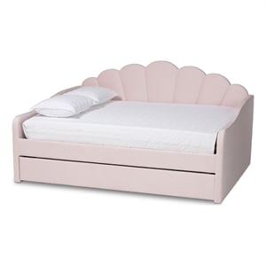 Pemberly Row Light Pink Velvet Fabric Queen Size Daybed with Trundle