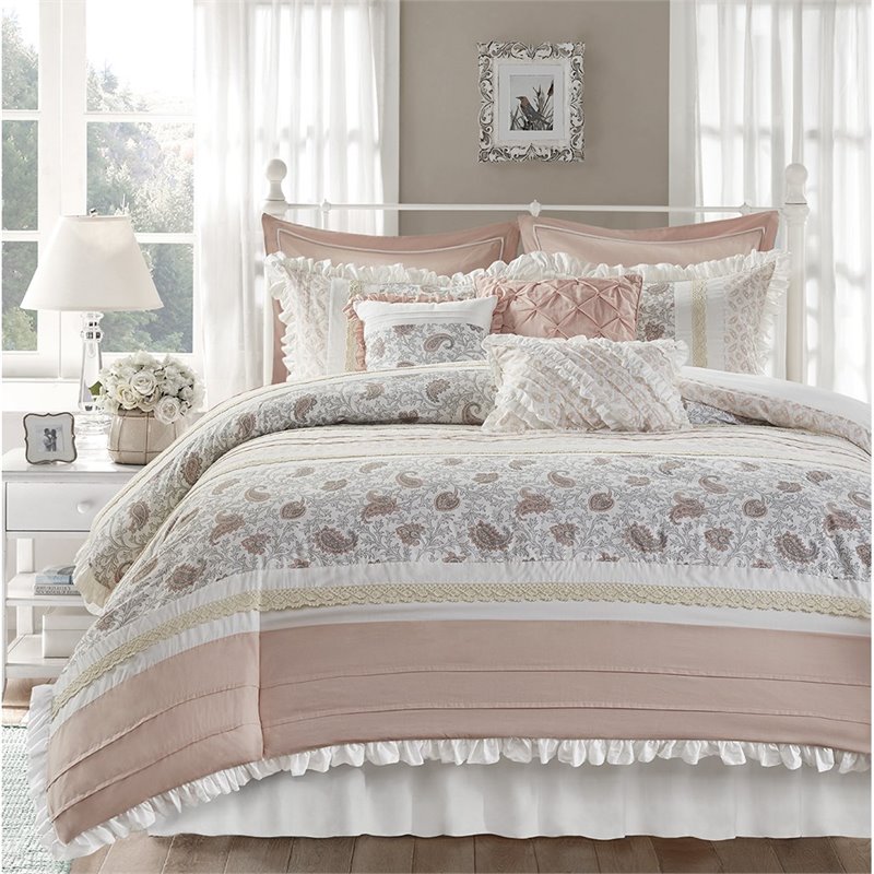 Pemberly Row 9-Piece Cotton T180 Printing Pieced Comforter Set in Pink