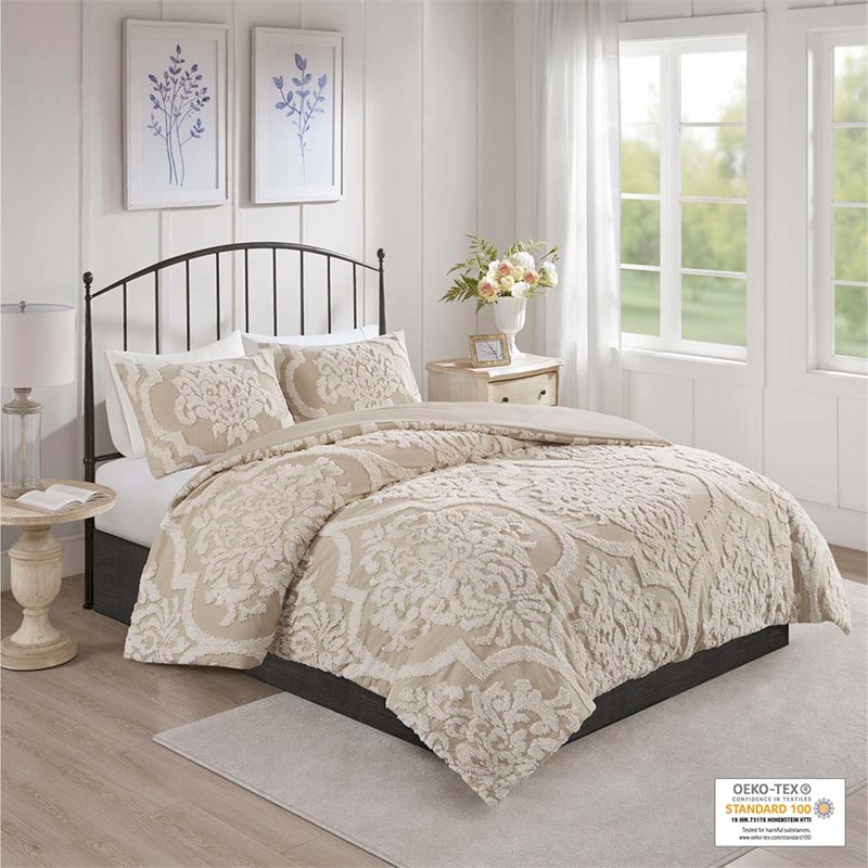 Pemberly Row 100 Percent Cotton Tufted Comforter Set in Beige