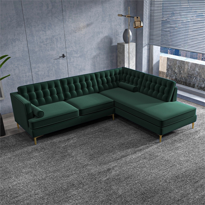 Pemberly Row Pillow Back Velvet Right-Facing Upholstered Sectional in Green