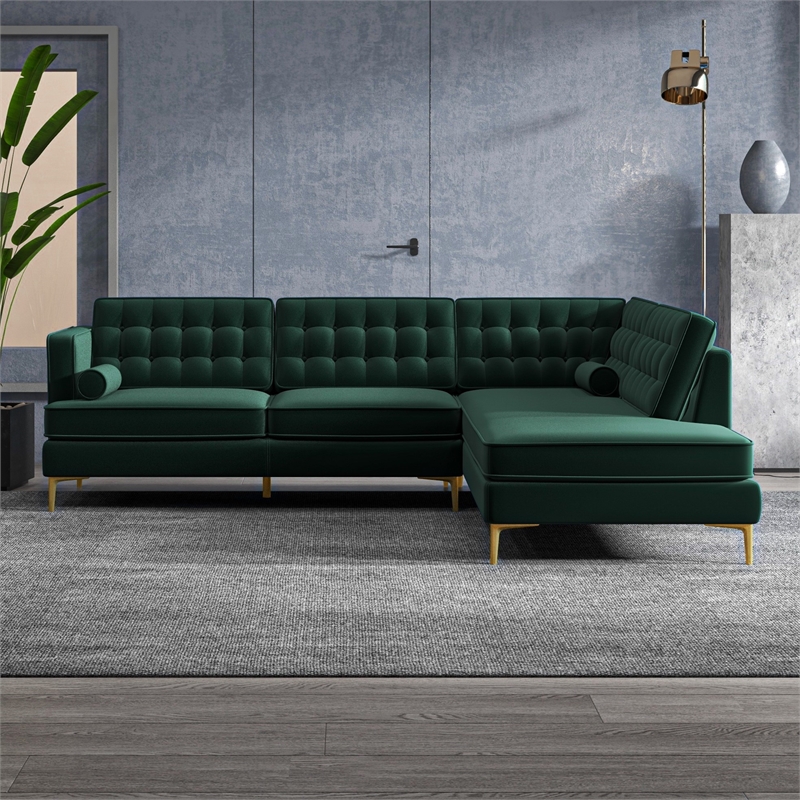 Pemberly Row Pillow Back Velvet Right-Facing Upholstered Sectional in Green