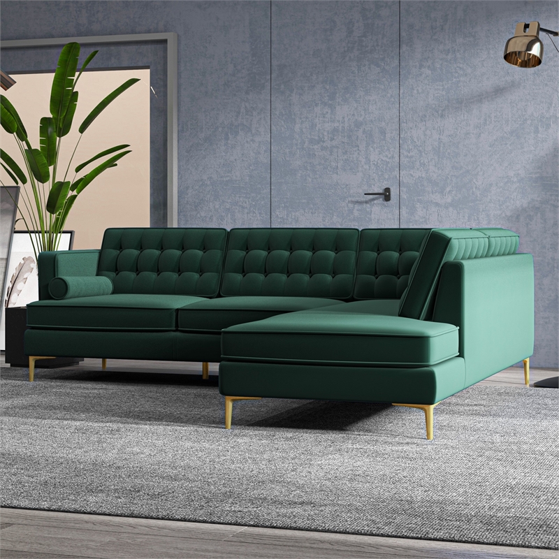 Pemberly Row Pillow Back Velvet Right-Facing Upholstered Sectional in Green