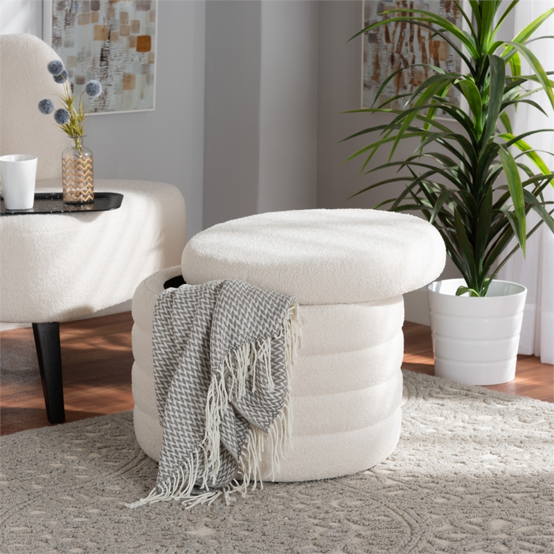 Pemberly Row Modern Ivory Boucle Upholstered Storage Ottoman