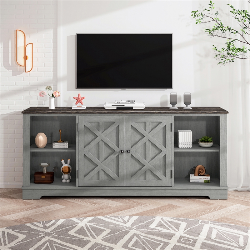 Pemberly Row 70 in. TV Stand for TV up to 75 in. Gray w/ Walnut Color Desktop