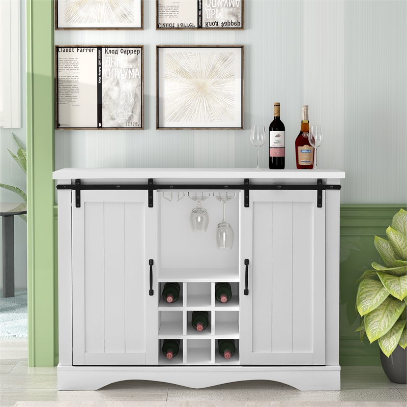 Pemberly Row White Buffet Bar Cabinet Barn Door w/ Marbling Pattern Countertop