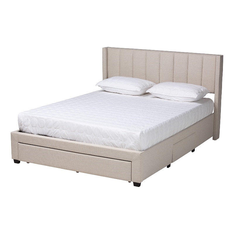 Pemberly Row Beige Fabric Full Size 3-Drawer Storage Platform Bed
