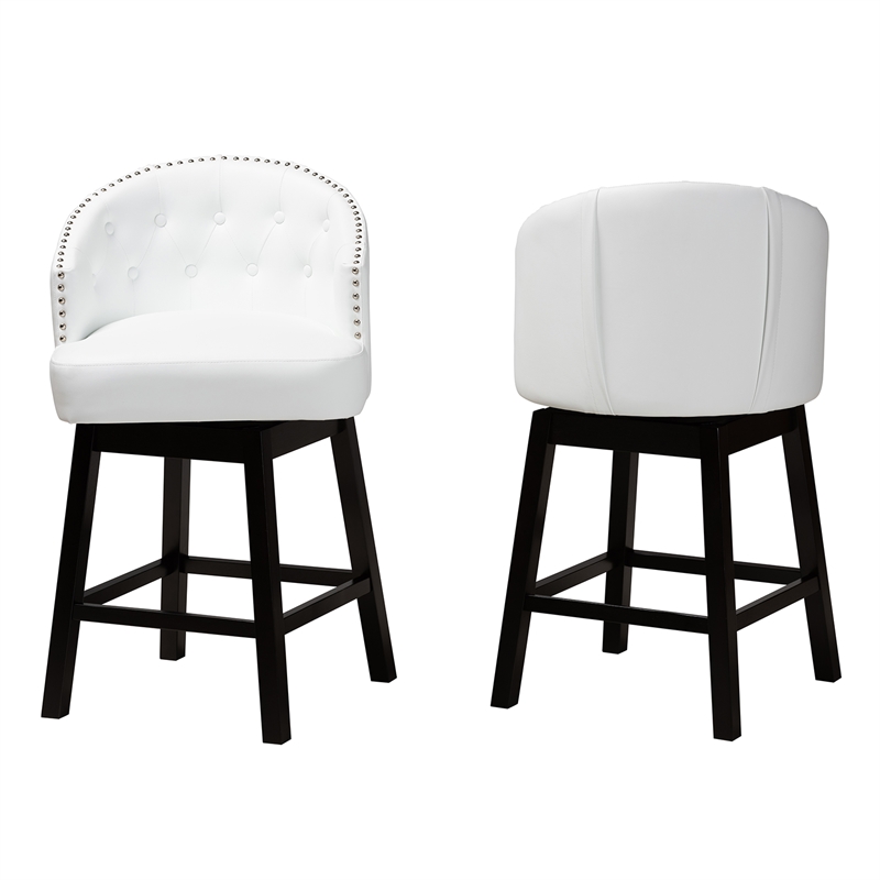 Pemberly Row White Faux Leather and Brown Wood 2-Piece Counter Stool Set