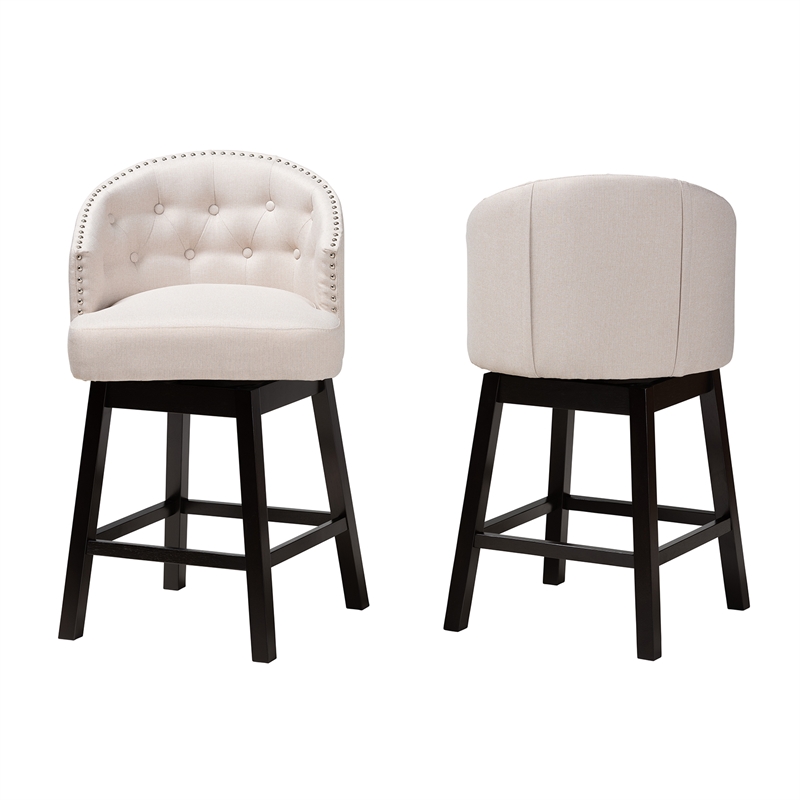 Pemberly Row Light Beige Fabric and Brown Wood 2-Piece Counter Stool Set