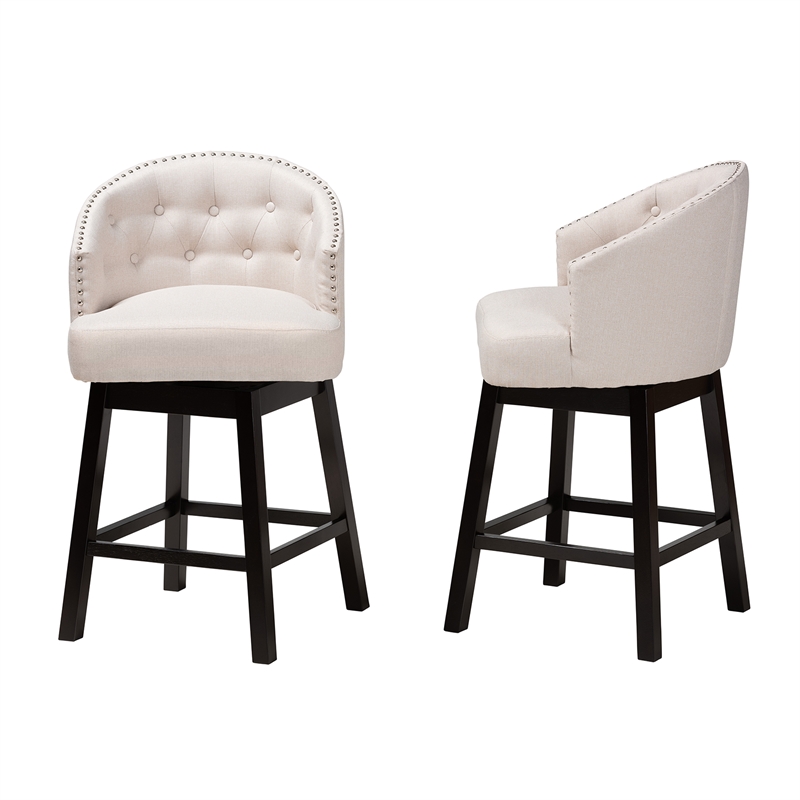 Pemberly Row Light Beige Fabric and Brown Wood 2-Piece Counter Stool Set