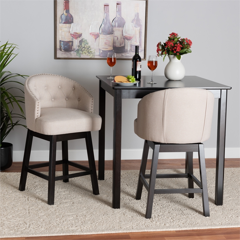 Pemberly Row Light Beige Fabric and Brown Wood 2-Piece Counter Stool Set
