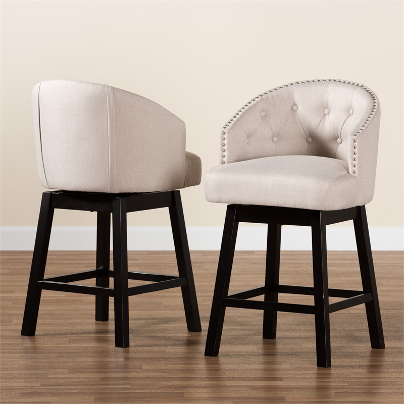 Pemberly Row Light Beige Fabric and Brown Wood 2-Piece Counter Stool Set