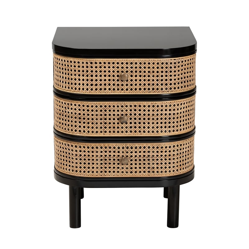 Pemberly Row Black Bayur Wood and Rattan 3-Drawer End Table Nightstand