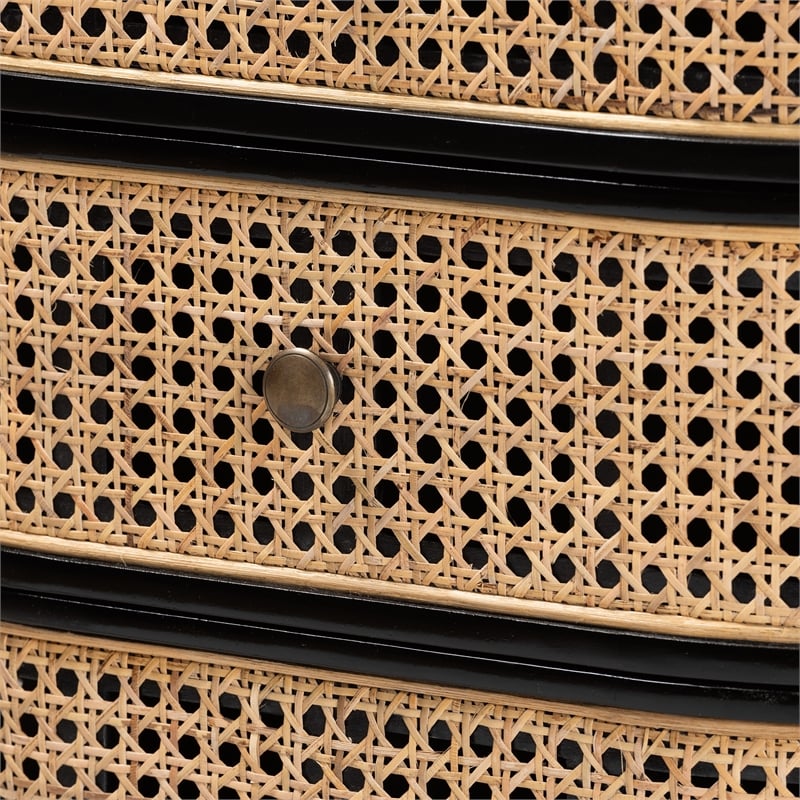 Pemberly Row Black Bayur Wood and Rattan 3-Drawer End Table Nightstand